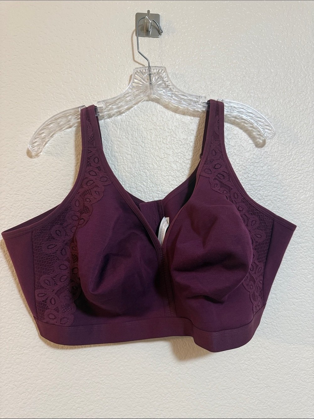 Cacique Front-Zip Wireless Bra in Plum 48DDD